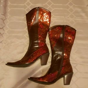 Vegan Western Boots Burgundy Red Sequence Size 9 Unique Look!
